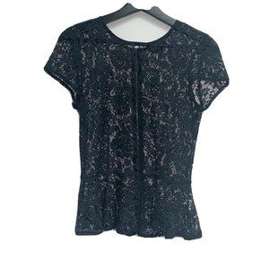 Topshop Womens Floral Rose Lace Peplum Top SZ 6 Black Zipper Short Sleeve Shirt